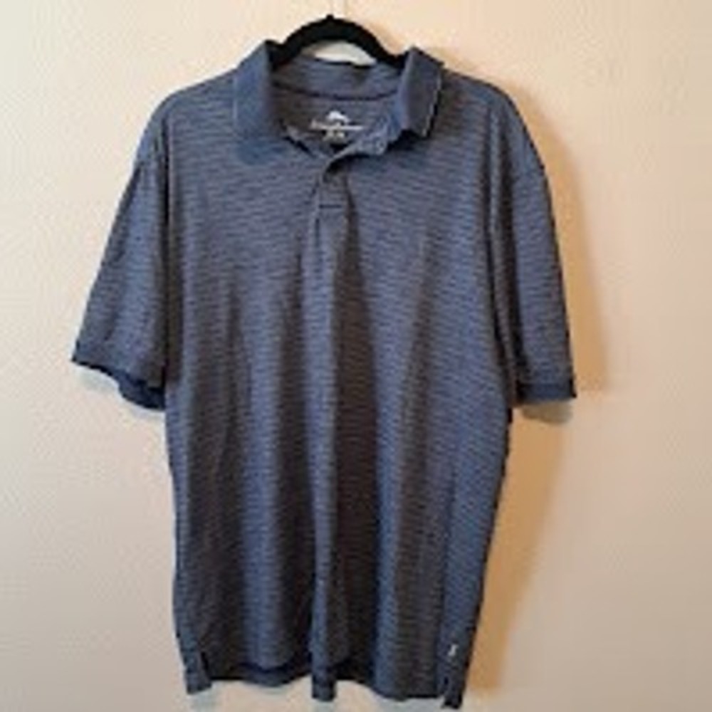 Tommy Bahama Mens XL Blue Striped Short Sleeve Pique Polo Shirt Marlin Logo
